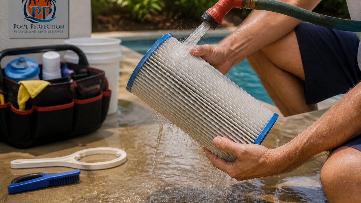 Hands rinsing debris from a cartridge filter with a garden hose to fix why pool water stays cloudy