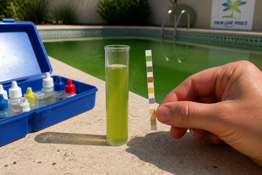 Testing process to determine if pool water turns green due to algae or metal staining using a chemical kit.