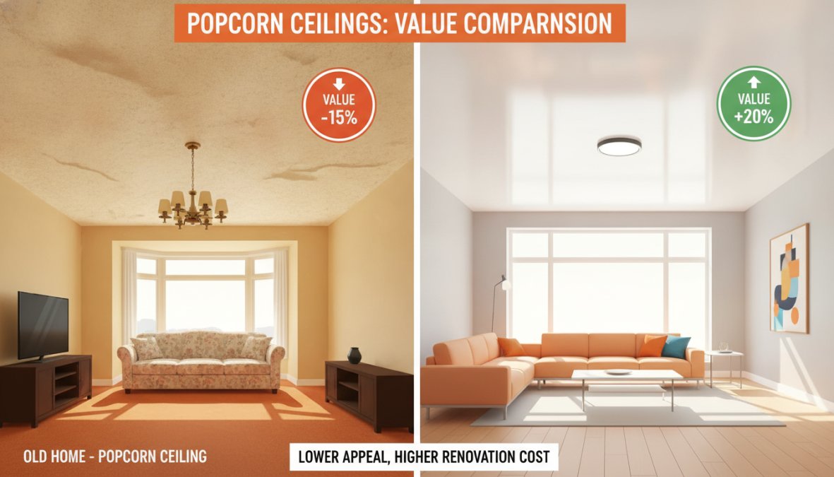 Side-by-side interior photograph showing a yellowed, textured popcorn ceiling in an older Toronto living room on the left versus a bright, smooth skim coat ceiling in a modern renovated home on the right, warm natural lighting from large windows