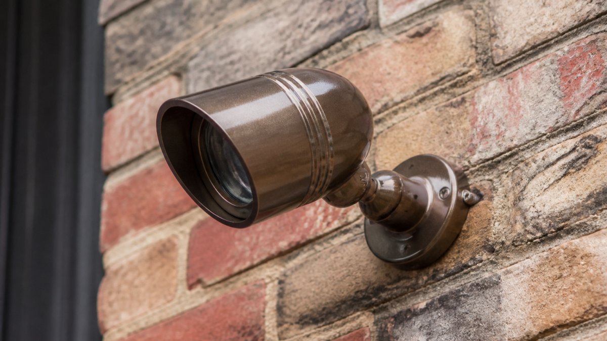 Close-up of an outdoor powder-coated light fixture mounted on a home exterior, showing vibrant metallic finish with no visible rust or corrosion, weathered brick visible in background