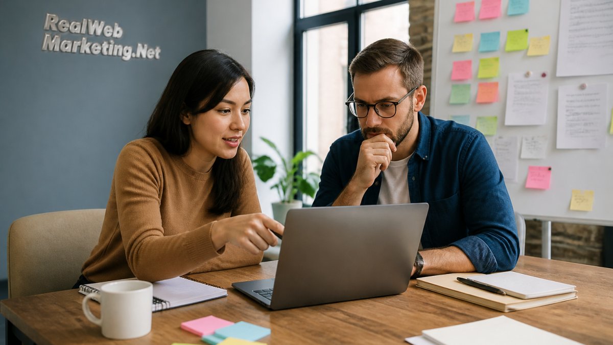 A startup founder and marketing specialist reviewing PPC campaign data on a laptop in a bright modern office, with sticky notes and a whiteboard in the background showing keyword ideas