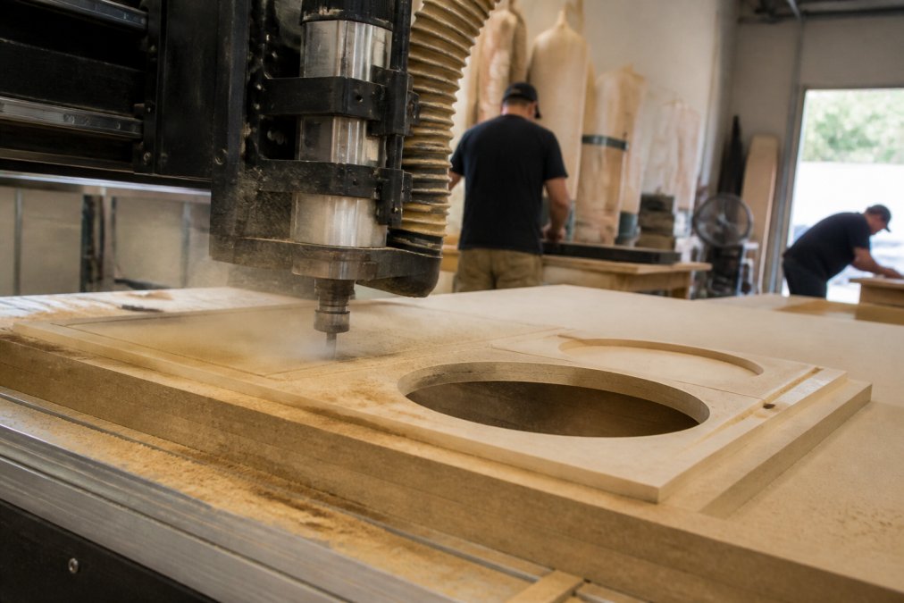 A CNC router cutting a precise MDF panel for a subwoofer enclosure in a clean workshop, wood dust rising and visible tooling marks along the freshly cut edge
