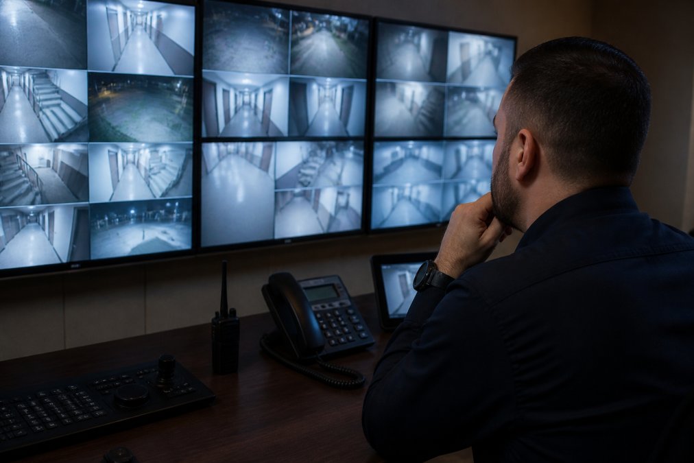 Security analyst monitoring live feeds for predictive threat detection in a dimly lit control room.
