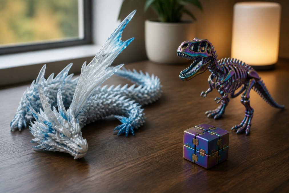 A well-lit desk setup with a large articulated crystal dragon collectible posed beside a metallic rainbow dinosaur skeleton and a small infinity cube fidget toy, showing the detail and finish of premium 3D printed items