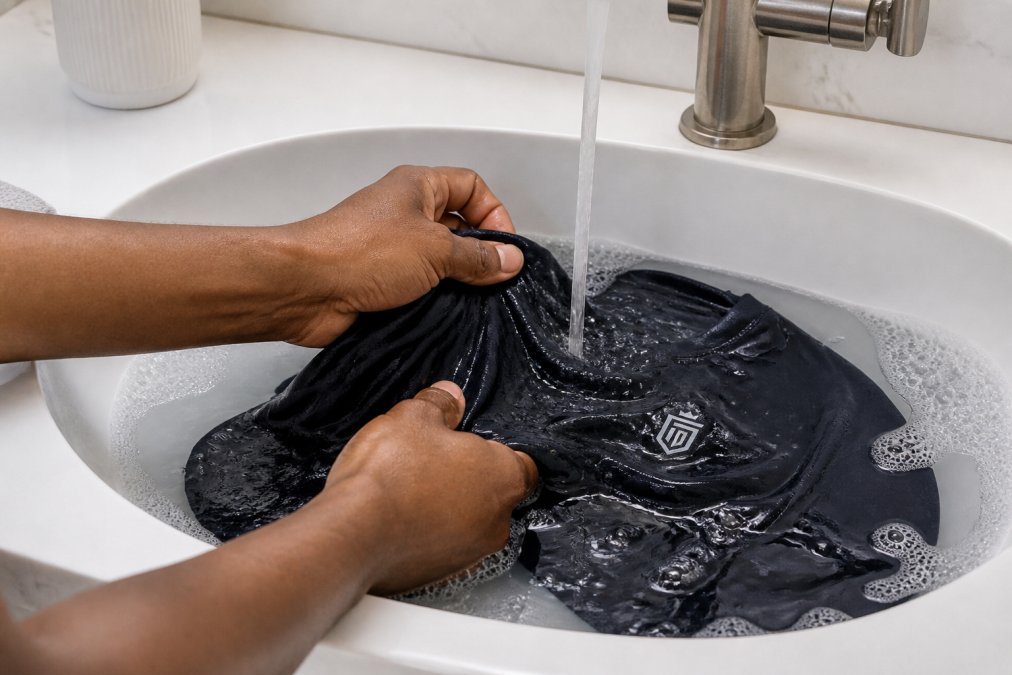 Close-up of hands carefully rinsing premium athletic apparel in cool water with gentle detergent, showing proper hand-washing technique in a modern bathroom sink