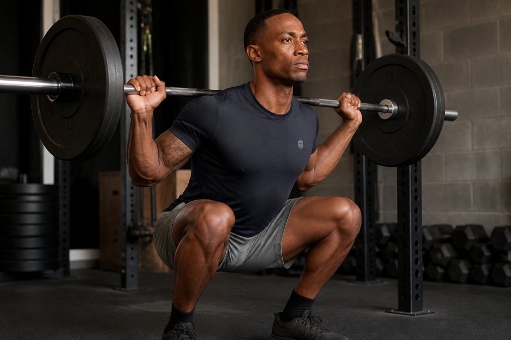 Athlete performing intense barbell squat in premium moisture-wicking activewear, demonstrating compression fit and unrestricted movement during high-performance training with dramatic gym lighting