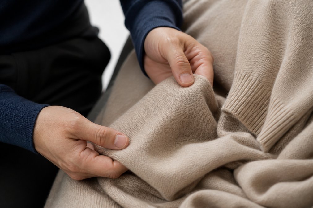 Close-up of hands examining premium fabric texture, seam construction, and stitching details on a high-quality cashmere sweater, showing meticulous craftsmanship under natural light