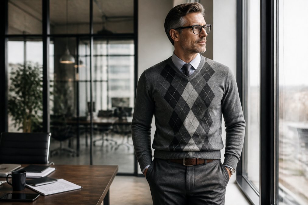Professional man in his 40s wearing coordinated premium pieces, fitted Argyle sweater, tailored business trousers, and leather accessories, in a modern office setting with natural window lighting