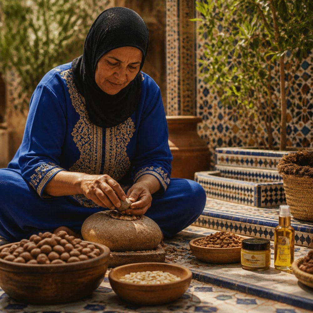 Close-up of a woman's hands cracking argan nuts on a stone in a sunlit Moroccan cooperative, with wooden bowls of kernels nearby