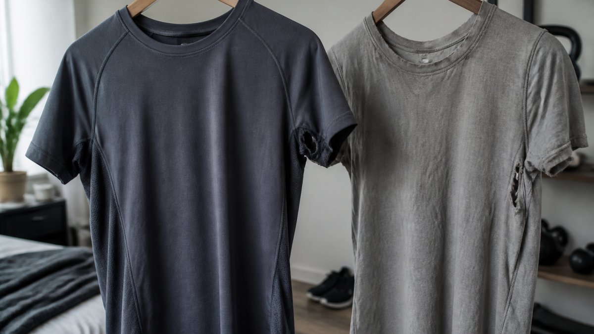 A close-up of a well-worn but intact athletic shirt hanging next to a frayed budget option, showing seam quality and fabric condition side by side in a bright home setting