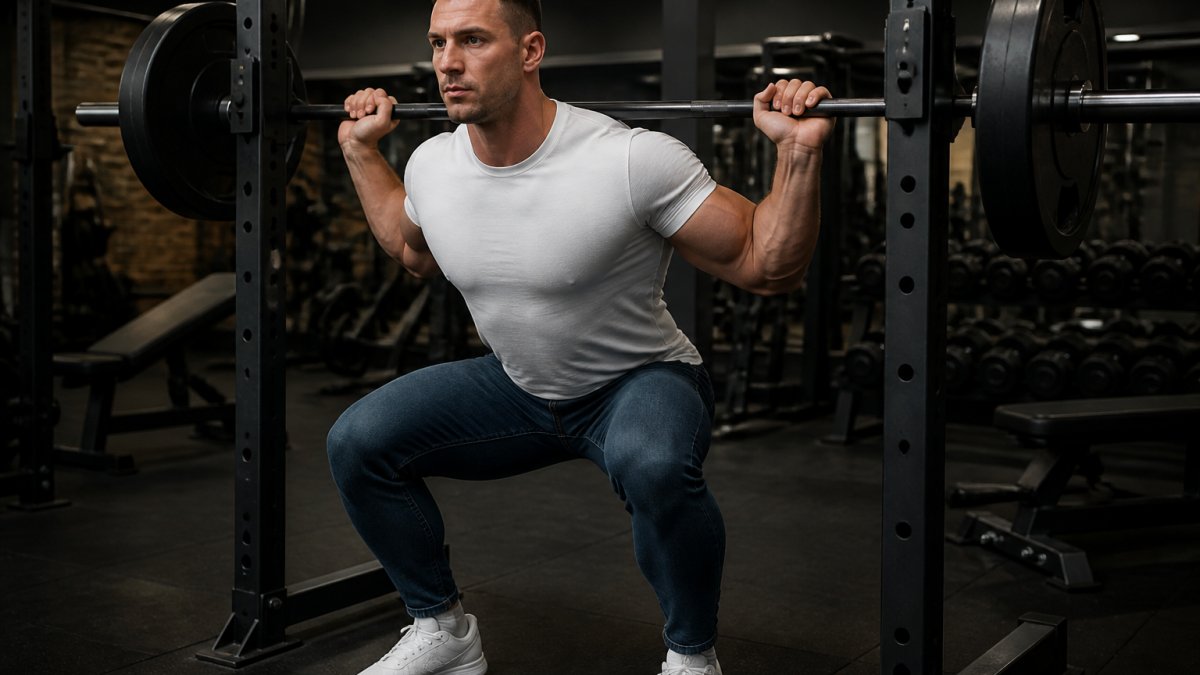 Athletic man in a tapered muscle-fit white shirt and fitted jeans performing a squat at the gym, showing how premium athletic apparel contours to muscular proportions without restricting movement
