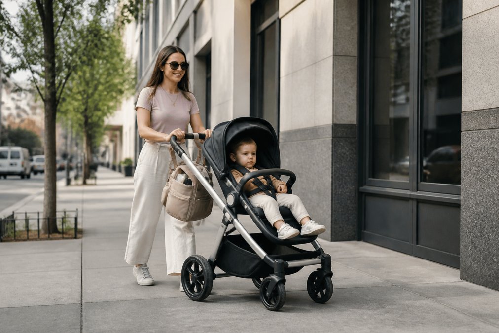 Parent pushing a sturdy stroller featuring premium baby gear on a sunny city sidewalk with a toddler inside