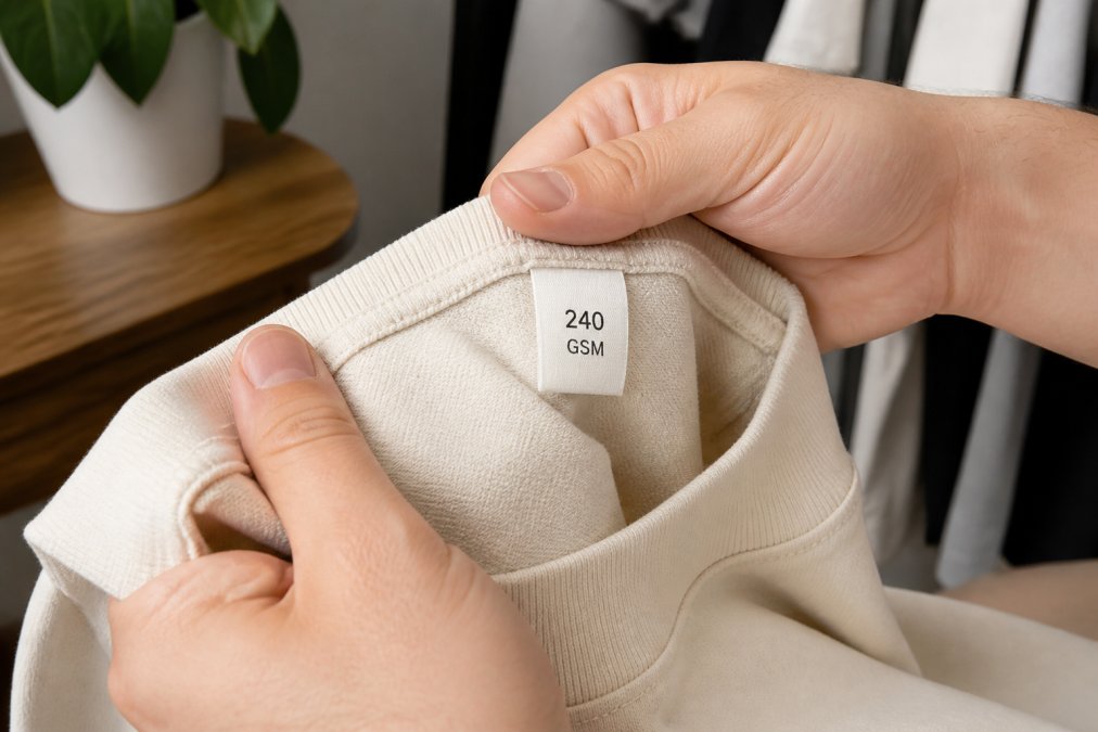 Close-up of hands holding a heavy-weight cotton t-shirt, showing thick fabric texture and a visible GSM tag, in a well-lit room with neutral background