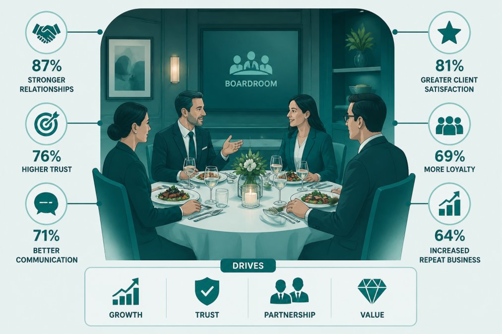 Business professionals seated at an elegant dining table in a private boardroom, engaged in conversation over a well-plated dish, warm ambient lighting, refined table setting