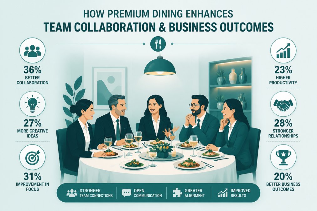 Small group of executives seated at an elegant dining table with fresh food, smiling and collaborating, warm ambient lighting, refined table setting
