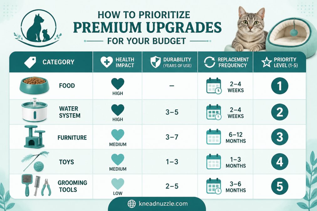 Comparison matrix showing cat supply categories (Food, Water System, Furniture, Toys, Grooming Tools) with columns for Health Impact (High/Medium/Low), Durability (Years of use), Replacement Frequency, and Priority Level (1-5)