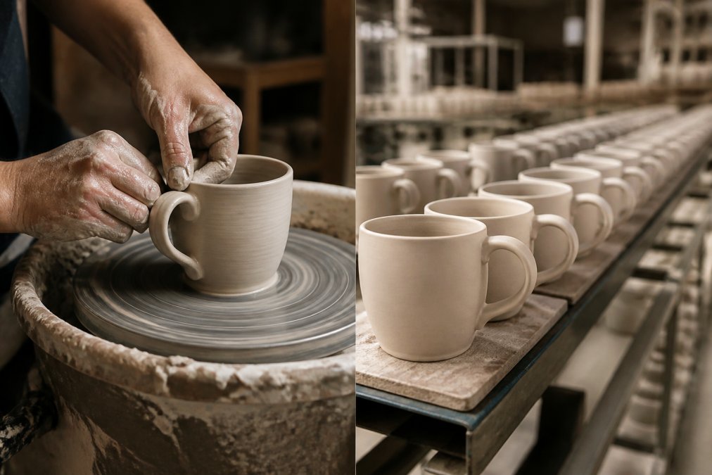 Close-up of a potter's hands shaping a mug on a spinning pottery wheel, clay splashes visible, warm workshop lighting in the background