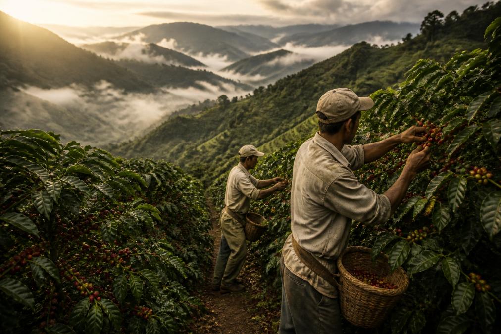 High-altitude coffee farm with rows of coffee plants on steep mountainous terrain, workers in light clothing hand-harvesting bright red coffee cherries, misty mountain backdrop with morning light filtering through clouds