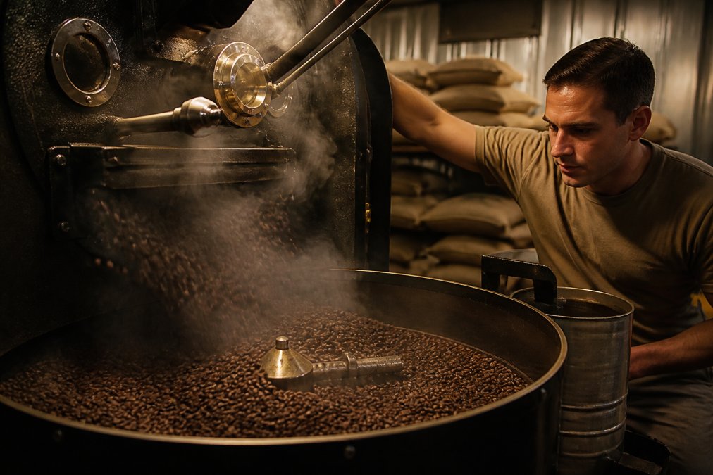 Close-up of freshly roasted coffee beans tumbling in a small roaster drum with steam rising, rich dark mahogany color visible on bean surfaces, warm roastery lighting illuminating the beans