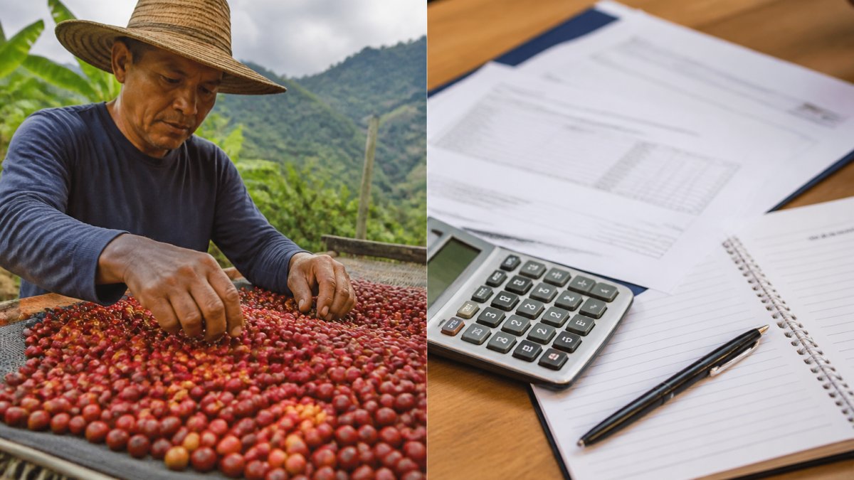 A coffee farmer hand-sorting freshly picked red coffee cherries on a raised drying bed in a lush tropical highland setting