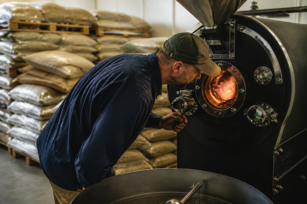 A small-batch coffee roaster in a workshop carefully monitoring beans through the drum roaster window, warm amber light from the roasting drum, bags of green coffee beans stacked nearby