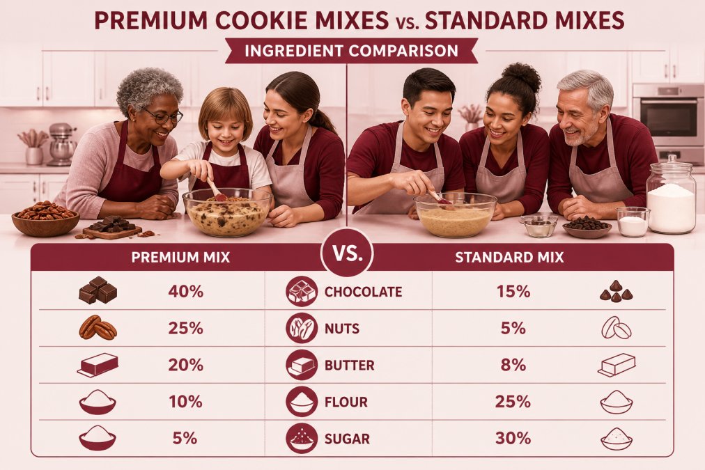 A diverse group of home bakers, including a Black grandmother and a young white child, comparing two bowls of cookie dough side by side in a bright kitchen. One bowl uses premium ingredients with visible chocolate chunks and pecans, the other is a basic mix