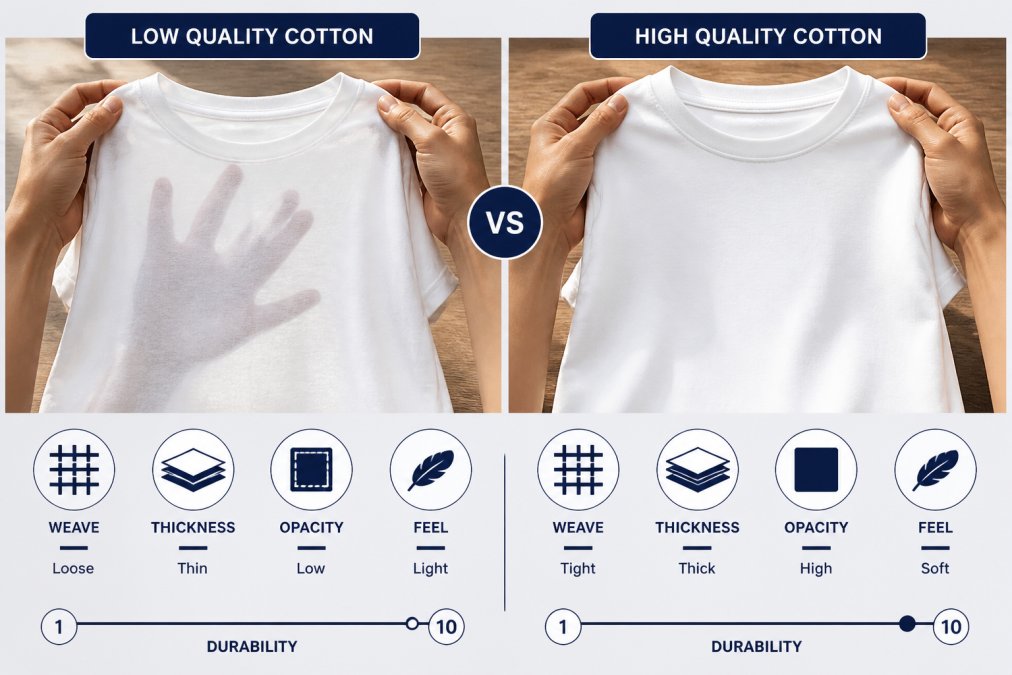 Comparison of fabric density between thin cotton and thick premium cotton t-shirts