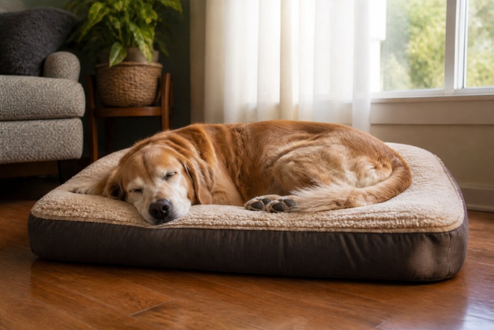 Senior golden retriever sleeping peacefully on a premium orthopedic memory foam bed with visible comfort and relaxation, natural home lighting