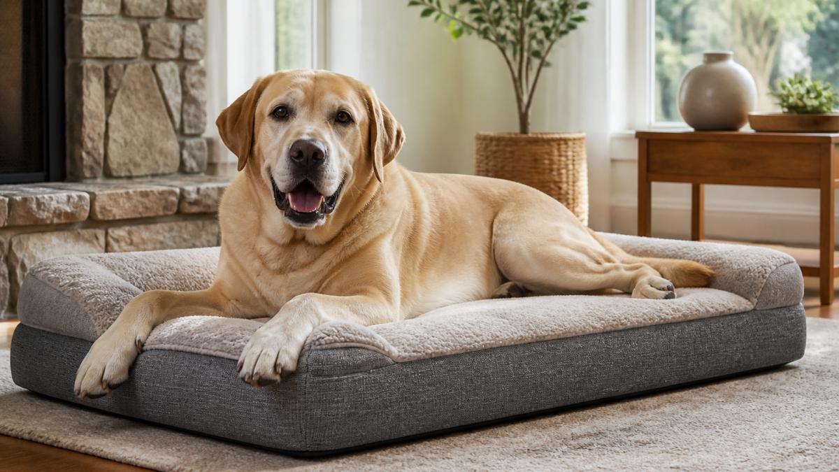 A large dog resting comfortably on a thick, structured premium dog bed in a bright living room, with the bed's dense foam base and reinforced fabric clearly visible