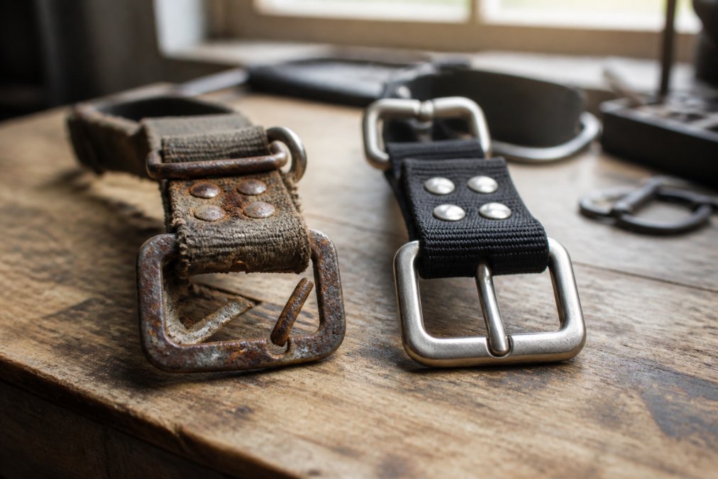 Close-up photograph of a dog collar's metal buckle and rivet reinforcement on a workbench, showing a broken rusted buckle beside a sturdy intact one under natural window light