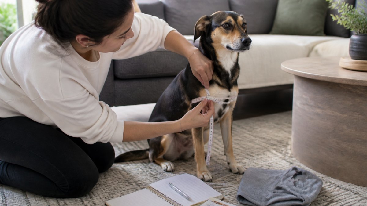 A woman kneeling on a living room floor gently measuring her medium-sized dog's chest with a soft tape measure, a notebook and a folded graphic dog shirt nearby
