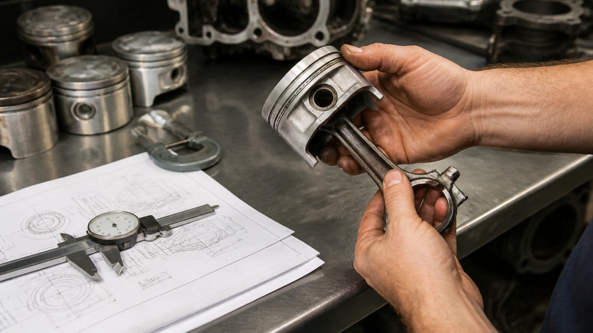 Mechanic's hands inspecting a precision-engineered piston and connecting rod assembly on a workbench with technical documentation and measurement tools visible