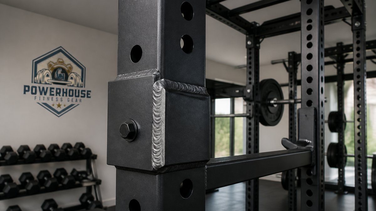 Heavy-duty steel power rack with reinforced welds, showcasing the build quality of premium fitness equipment.