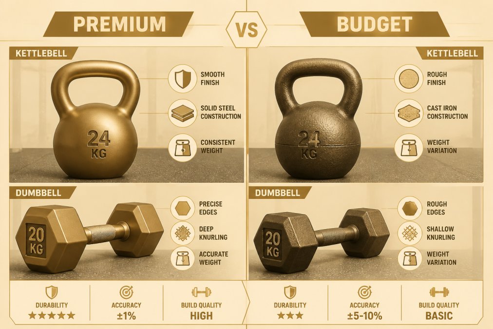 Side-by-side display of premium and budget kettlebells and dumbbells on a gym floor, showing visual differences in finish quality, surface smoothness, and construction details under professional lighting