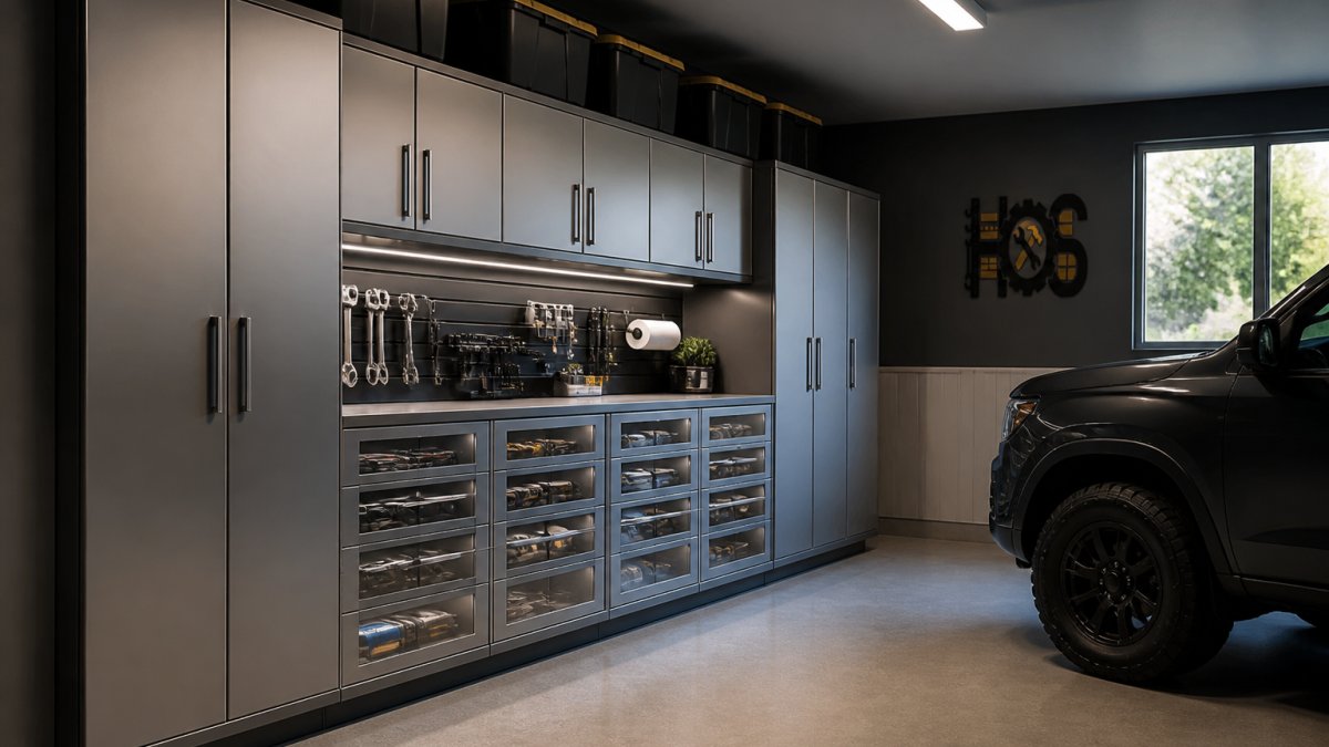 Organized garage with metallic gray cabinet system along wall, soft-close doors closed, tools neatly stored behind glass-fronted drawers, clean concrete floor with space for vehicle, bright overhead lighting
