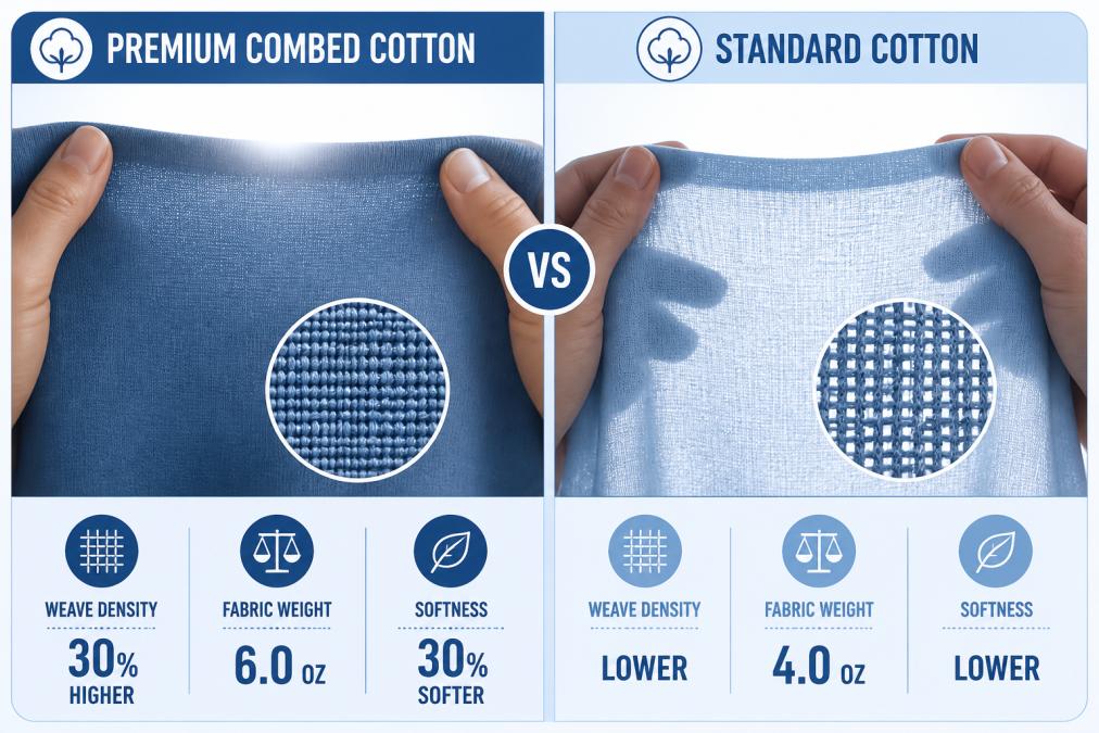 Close-up of hands holding premium combed cotton fabric up to natural light, showing dense weave structure and smooth texture compared to thin standard material laid beside it