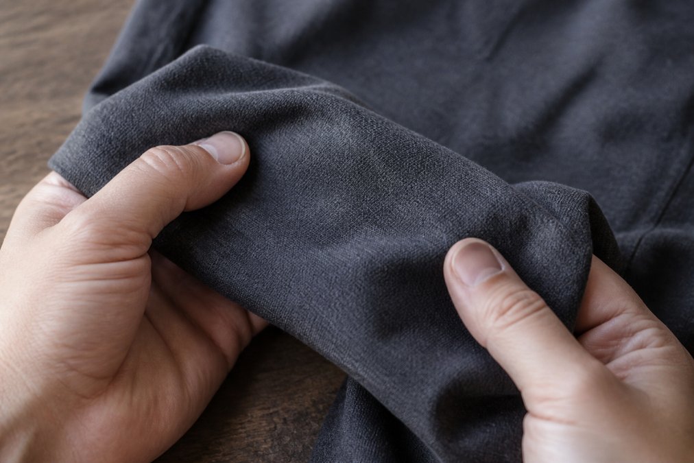 Close-up of hands feeling premium ring-spun cotton fabric texture against wooden surface, showing the fine weave detail and soft fibers in natural daylight