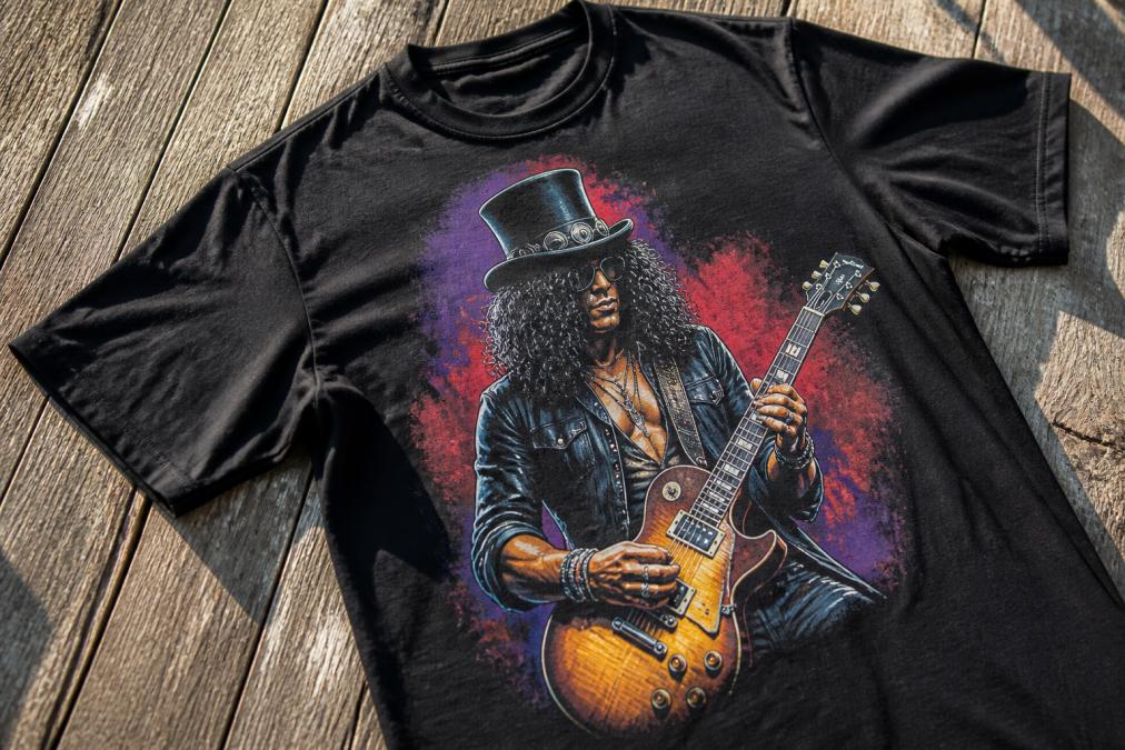 Vintage-style graphic tee laid flat on weathered wooden surface, showing vibrant printed rock musician design with visible color depth and print clarity in natural afternoon light