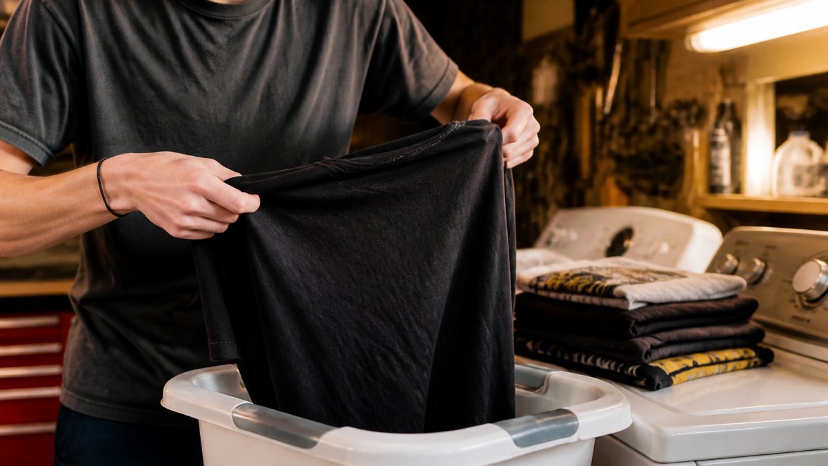 A young person in a garage at night turning a graphic t-shirt inside out over a laundry basket, washer and folded tees visible beside them under warm workshop lighting