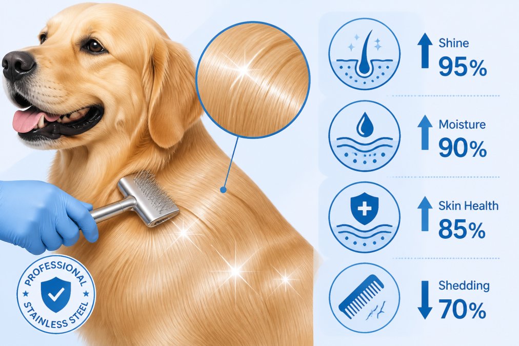 Close-up of a dog's healthy, shiny coat being groomed with professional stainless steel tools, showing the smooth texture and light reflecting off the well-maintained fur