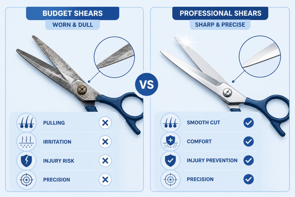 Side-by-side comparison of worn, dull budget grooming shears next to well-maintained professional-grade shears with sharp, gleaming blades and precision alignment