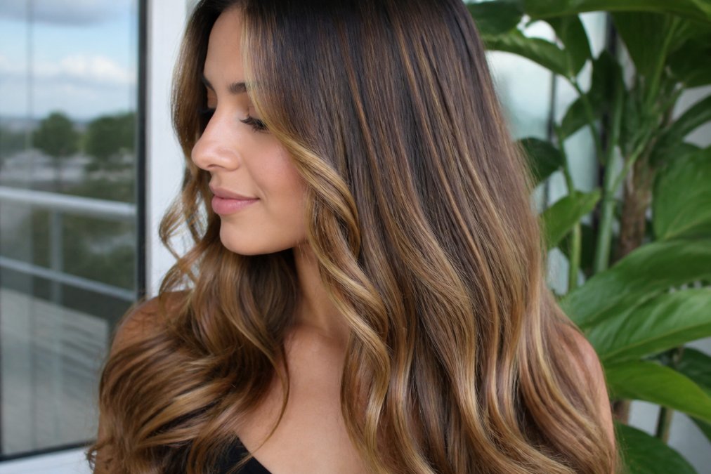 Close-up of a woman with seamlessly blended premium hair extensions showing natural texture, cuticle alignment, and soft color transitions against her own hair in natural daylight