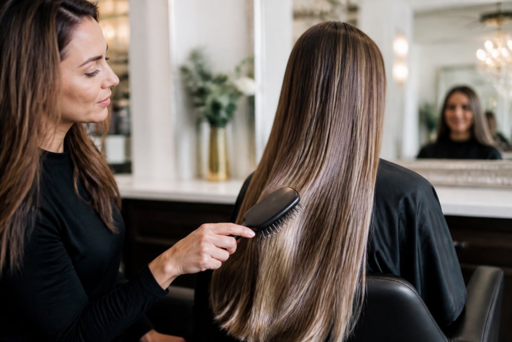 A stylist gently brushing long, glossy, natural-looking extensions in a bright upscale salon, the light catching the healthy shine of the hair
