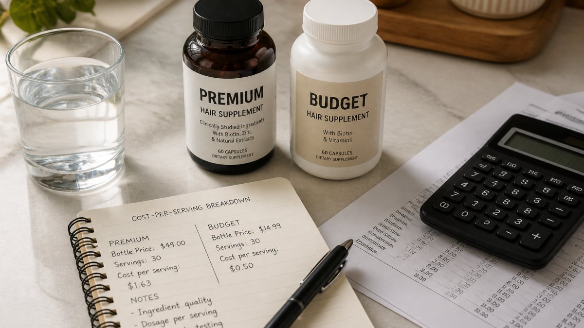 Two supplement bottles on a kitchen counter beside a notebook with cost calculations