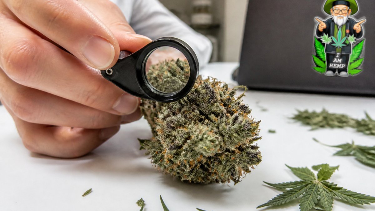 Close-up of a hand holding a magnifying loupe over a dense, frosty hemp flower bud on a clean white surface, with trimmed sugar leaves visible and soft natural light