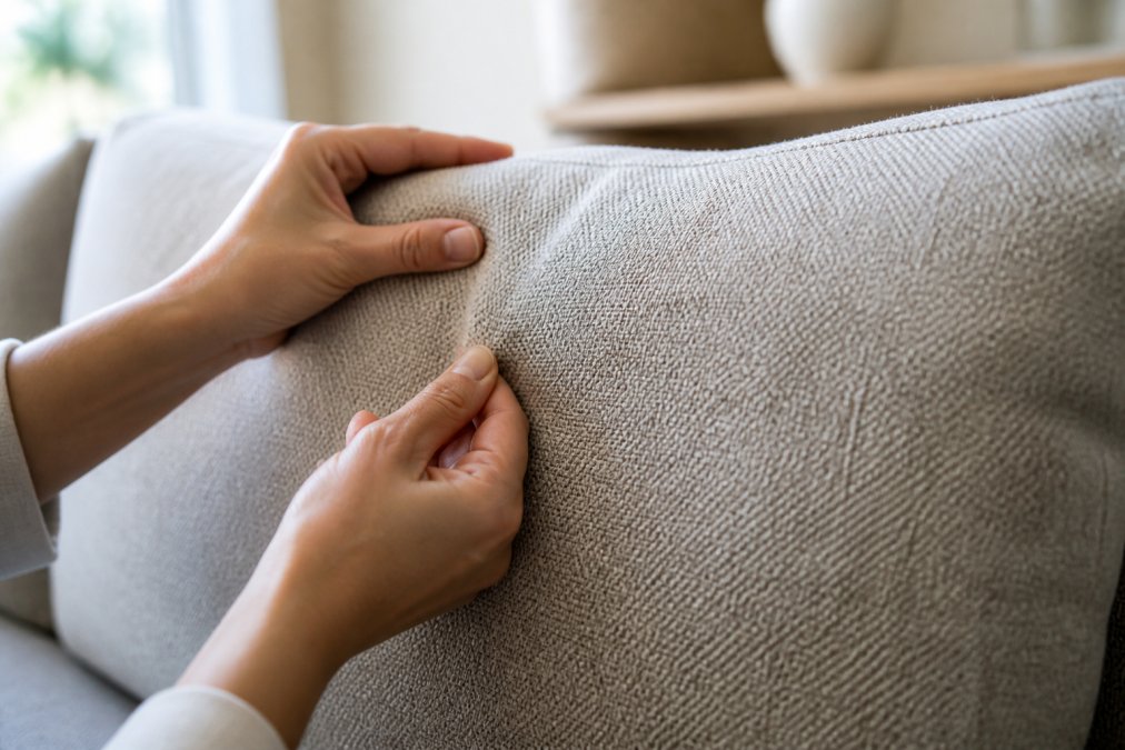 Close-up of hands examining the texture and weave of premium upholstered fabric on a high-quality sofa, with natural light highlighting the tight fiber density and uniform construction