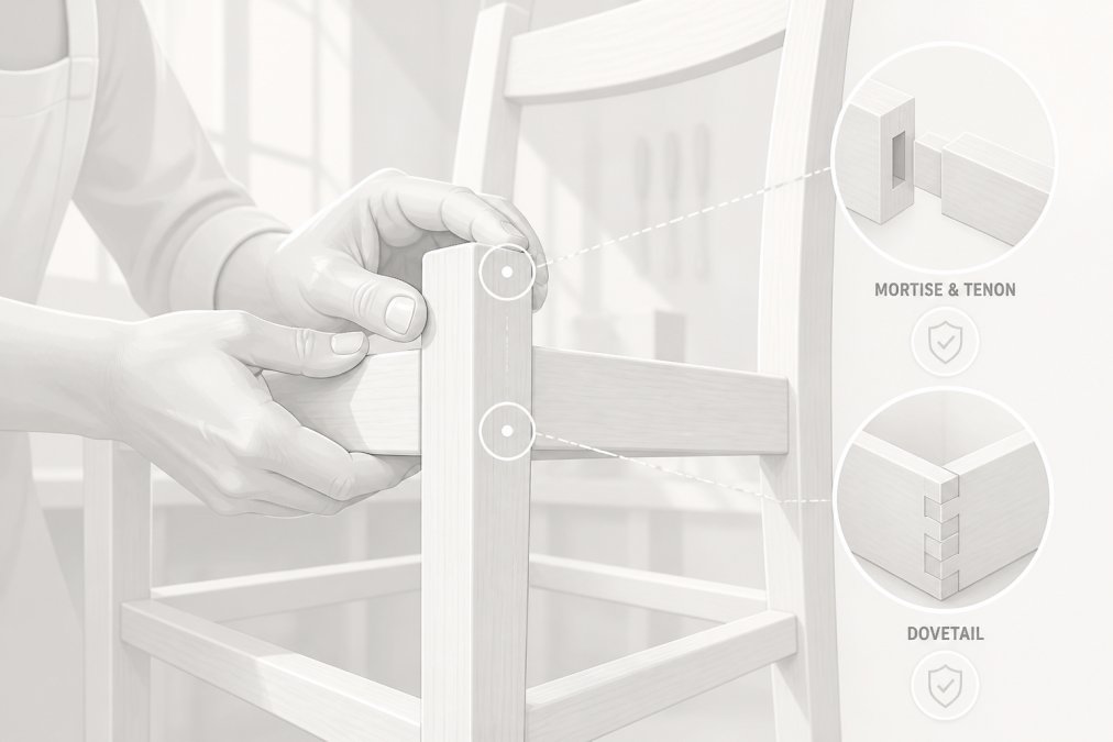 Hands of a craftsperson carefully examining and testing the joinery of a wooden chair frame, with natural workshop lighting showing the precision of the construction details