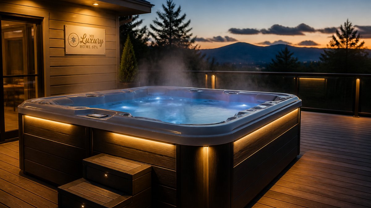 A well-maintained luxury hot tub on a wooden deck at dusk, steam rising from the water, warm exterior lighting showing the cabinet finish and shell