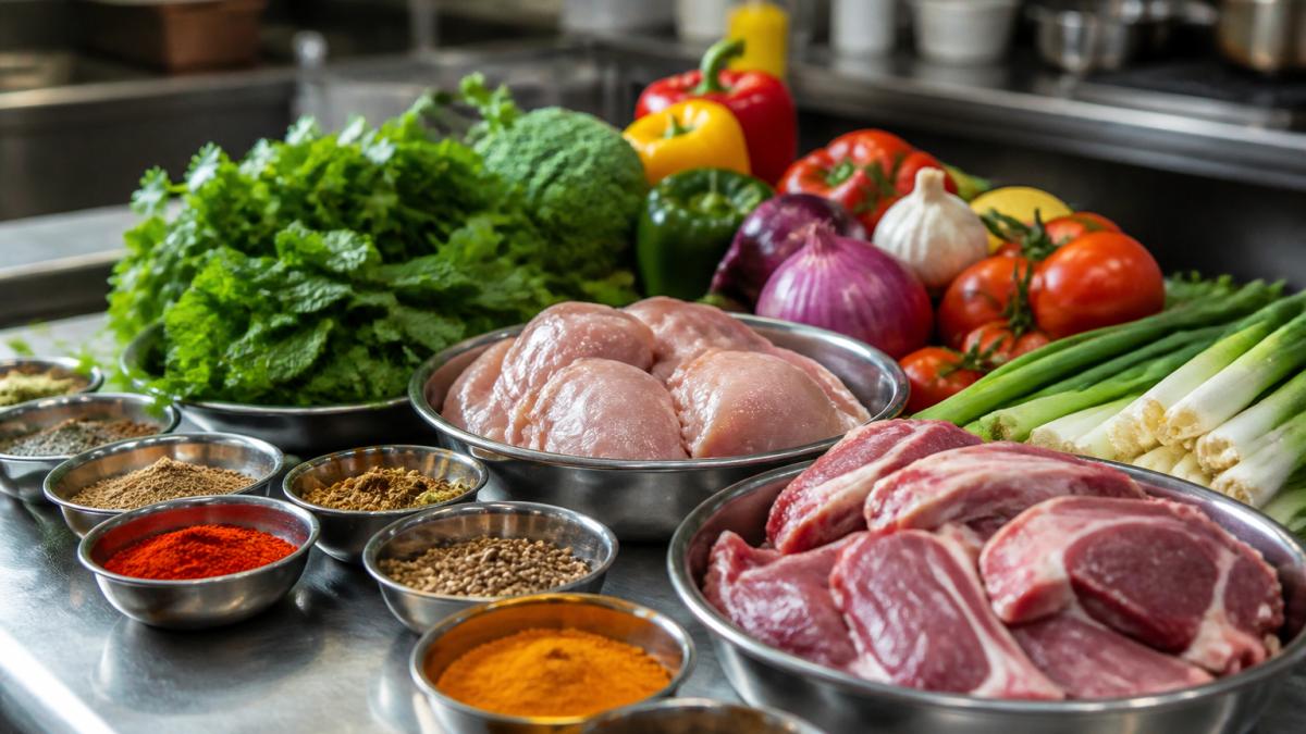 Professional kitchen prep counter with vibrant fresh spices in small bowls, bundles of fresh coriander and mint, quality cuts of raw chicken and lamb, and colourful fresh vegetables arranged under bright professional lighting