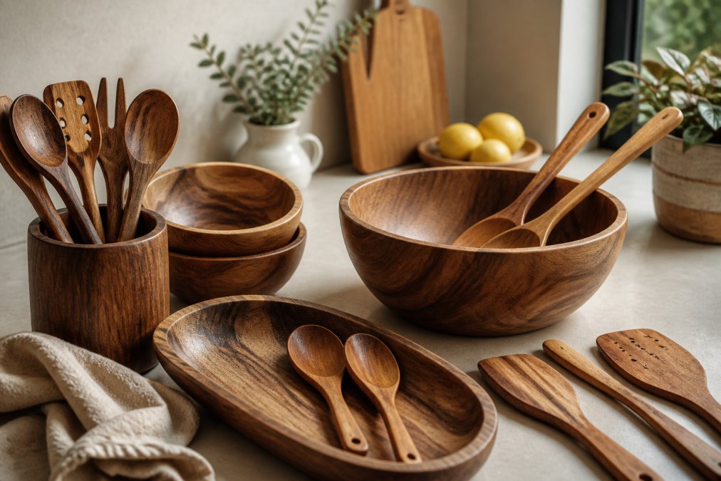 Wooden kitchen utensils and serving bowls displayed in a kitchen